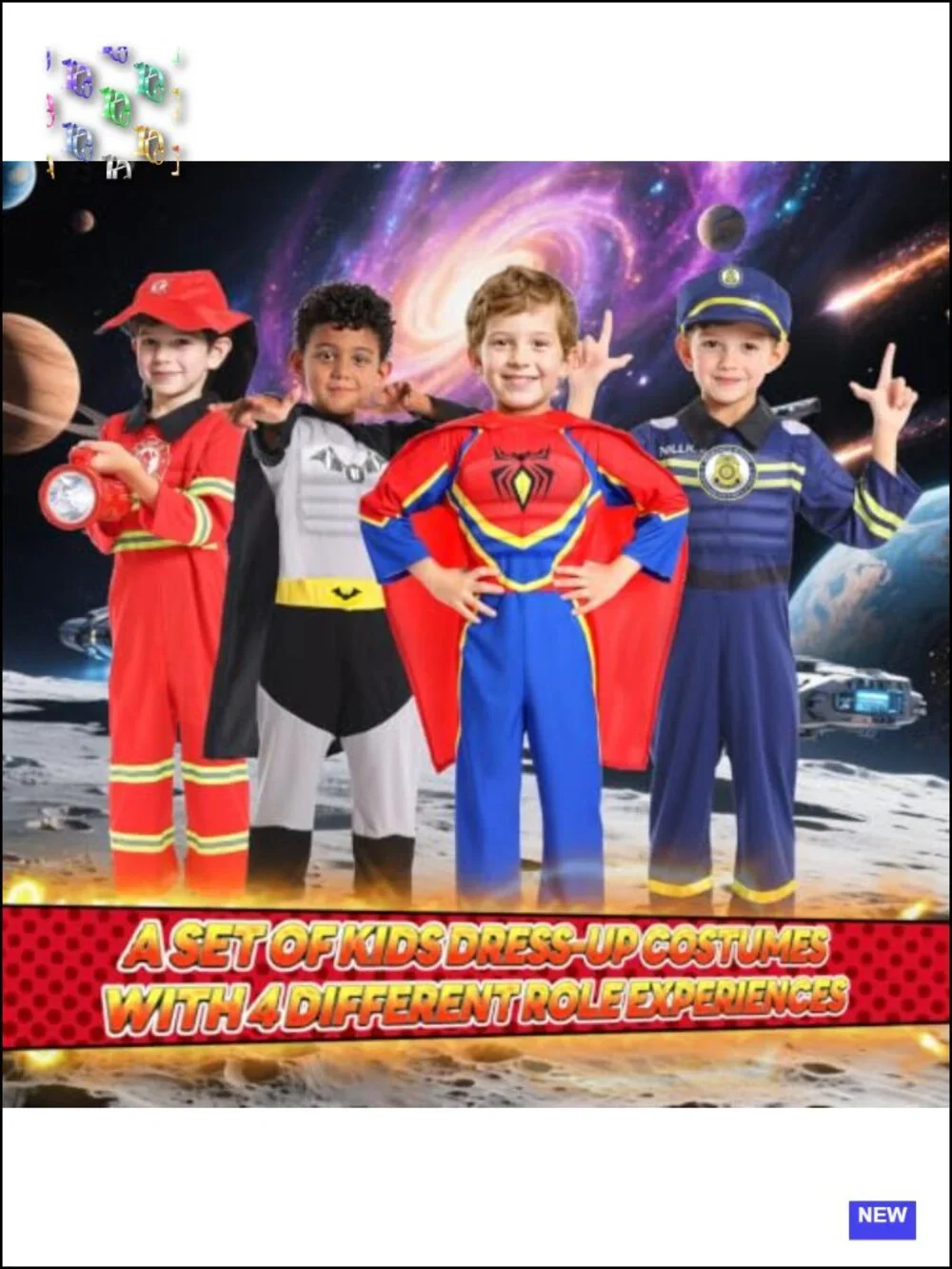 Kids Boys Muscle Chest Costume Set 4-in-1 Fireman Policeman Role Play Dress Up